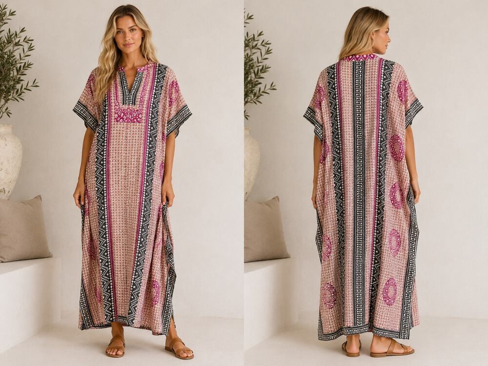 Emerson Fry Long Caftan Maxi Dress O/S Boho Hand Block Print Cotton One Size